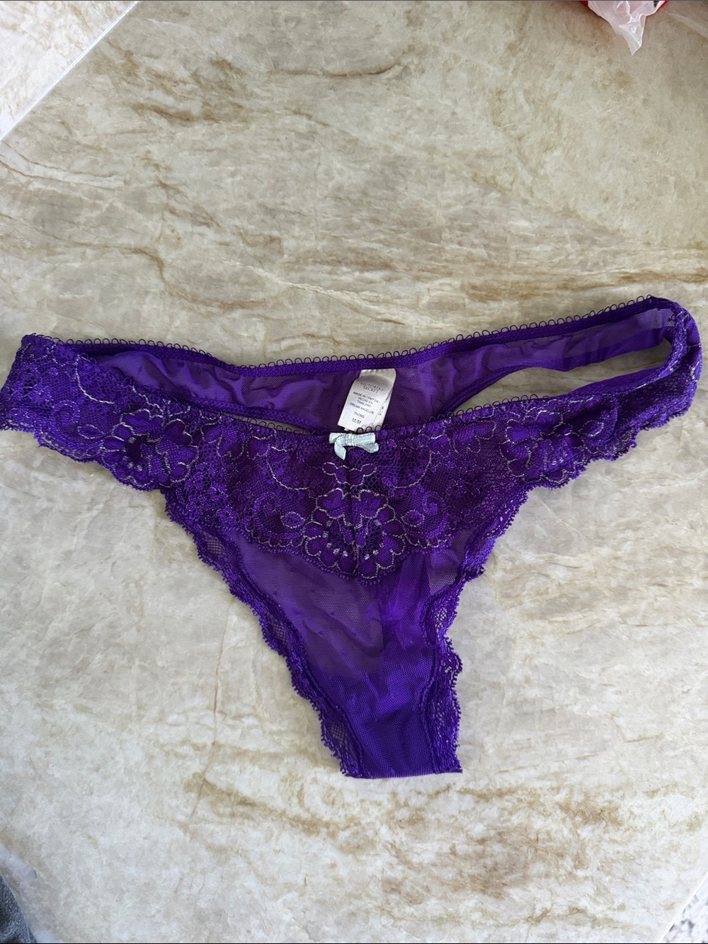 Victoria's Secret Purple Sheer Lace Thong. Size: Medium